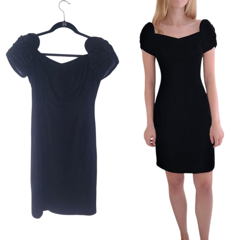 VTG 90s Black Velvet Lady Diana Dress LBD Short-Sleeve Off-The-Shoulder XS/small